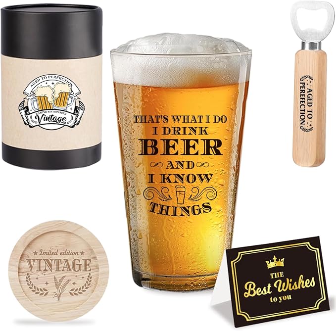 Vintage Father's Day Birthday Gifts for Fathers Your Dad Funny Beer Drinking Glass Beer Gift for Men Brew Lovers Dads Daddy Husband Brother Drinking Buddy Present
