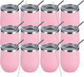 MEWAY 12oz/12 Pack Wine Tumbler Glasses with Lid -Double Wall Vacuum Stainless Steel Travel Tumbler Mug,Stemless Insulated Wine Cup for,Coffee,Cocktails,Gifts (Pink,Set of 12)