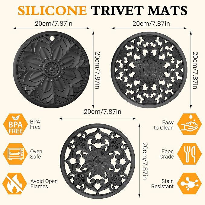 Silicone Trivet Mat Set of 3 Heat Resistant Black Pot Holders for Non-Slip Hot Pans Thick Creative Shapes for Dining Table Kitchen Countertops Tablecloth Protection