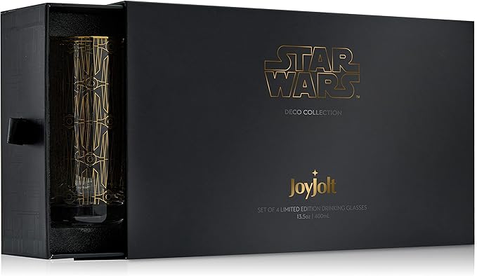 JoyJolt Star Wars Glassware. 'Deco' Highball Glasses Set of 4, 13.5oz Star Wars Glasses. Highball Glass Tumbler with Darth Vader in a Retro Crystal Glass Cup. Tall Drinking Water Glasses For Kitchen