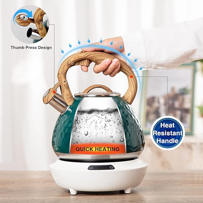 Tea Kettle, Toptier Teapot Whistling Kettle with Wood Pattern Handle Loud Whistle, Food Grade Stainless Steel Tea Pot for Stovetops Induction Diamond Design Water Kettle, 2.7-Quart Dark Green