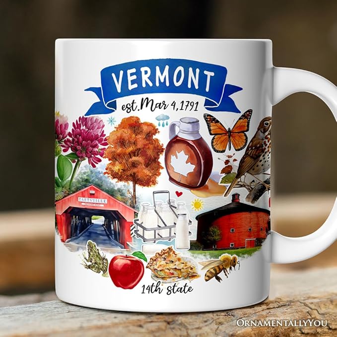 OrnamentallyYou State Travel Landmark Mugs – 12 oz Ceramic Coffee Cups, U.S. Souvenir Gift for Tourists (Artistic Vermont State Themes and Landmarks Mug)