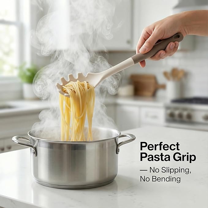 6-Piece Silicone Kitchen Utensil Set, NON-PLASTIC 500°F Heat-Resistant BPA-Free Dishwasher Safe Cooking Tools with Upgraded Spatula, Turner Ladle Skimmer Pasta Fork Scraper, Cream White &Mocha