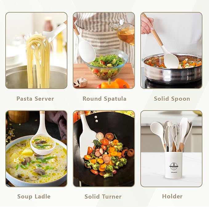Silicone Cooking Utensils Set with Holder, 12 Pcs Heat Resistant Kitchen Utensils Set with Wooden Handle, BPA-free Spatula, Tongs, Spoons Set for Nonstick Cookware, White