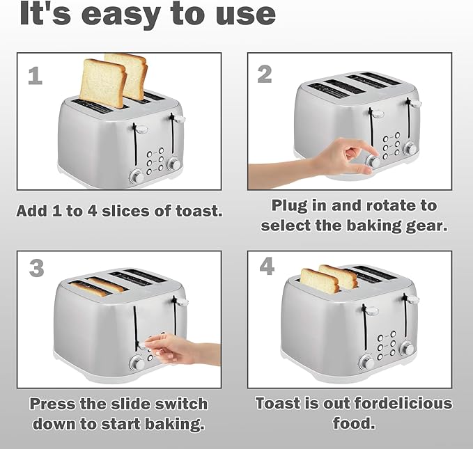 4 Slice Brushed Silver Stainless Steel Toaster with Wide Slots, Bagel, Defrost, Cancel Functions, 1600W Family Size Bread Maker for Modern Kitchens