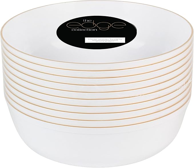 [30 Pack 16 OZ Bowls] Edge Collection White with Gold Rim Plastic Party Soup Bowls Premium heavyweight Elegant Disposable Tableware Dishes
