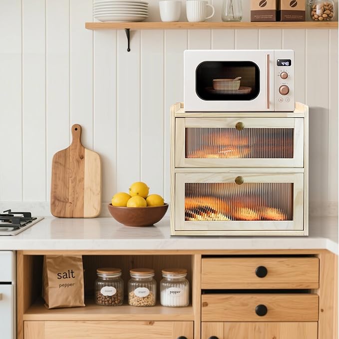Bread Box for Kitchen Countertop, 2 Layer Large Capacity Wooden Bread Storage Container with Clear Wavy Acrylic Window Breadbox Holder Keeper Farmhouse Food Organizer for Christmas Xmas Gift
