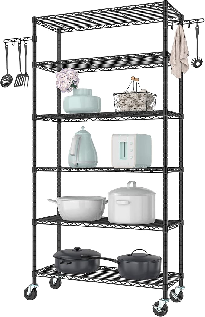 6 Tier Storage Shelves with Wheels Heavy Duty Wire Rolling Shelving Rack Organizer Garage Metal Steel Unit Adjustable Utility Commercial Sturdy Shelves for Kitchen Pantry Bathroom Closet Laundry