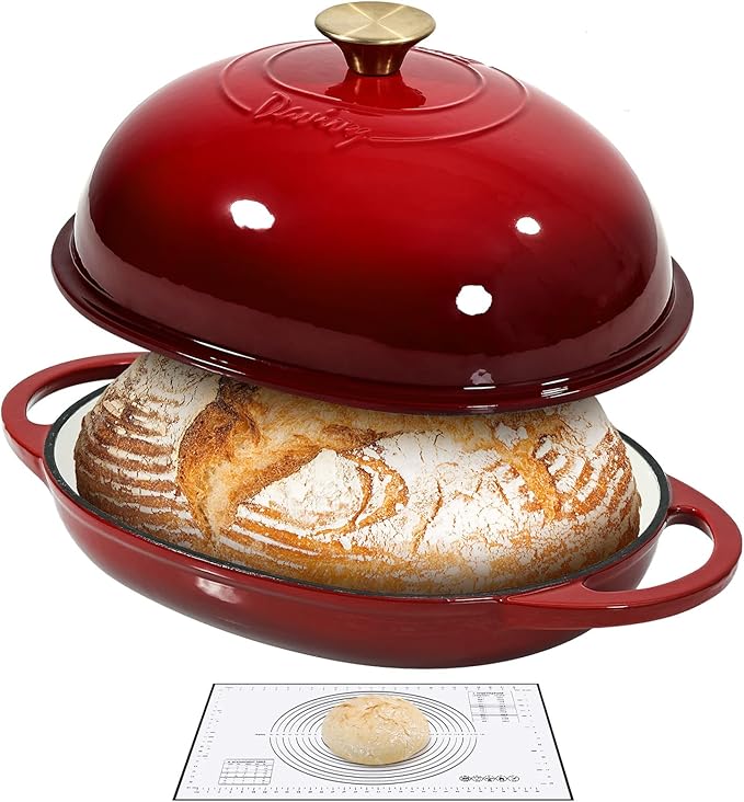 Davivy 6QT Oval Bread Dutch Oven with Silicone Baking Mat, Enameled Cast Iron Dutch Oven for Sourdough Bread Pan 6QT, Cast Iron Bread Cloche Sourdough Pan with Domed Lid - Ruby Red