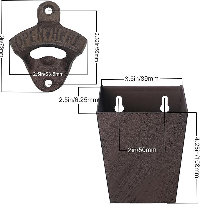 Rustic Cast Iron Beer Bottle Opener Wall Mounted with Cap Catcher Vintage Narrow Bundle