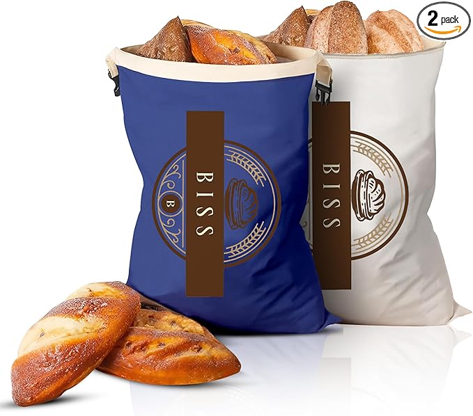 BISS Bread Storage Bags for Homemade Bread – 2-Pack XL Cotton Sourdough Bags, Reusable, Freezer Safe – Perfect for Artisan Loaves, Sandwich Storage, Bake Sales, and Fresh Loaf Preservation