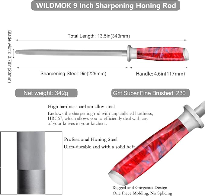 WILDMOK Professional Honing Rod 9" - Chrome Coated High Carbon German Stainless Steel Knife Sharpener Honing Steel - Knife Sharpening Rod Designed to Last a Lifetime