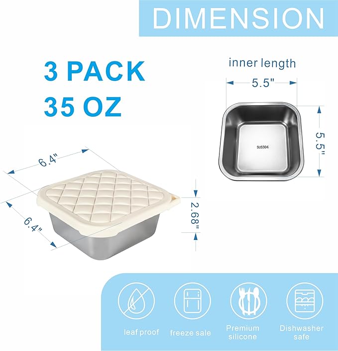 F.Y.Dreams 3 Pack 304 Stainless Steel Sandwich Containers With Silicone Lids/ 3 * 35 OZ/Plastic Free Lunch Box/Metal Bento Box/Meal Prep Food Storage containers/Snack Containers/Cream