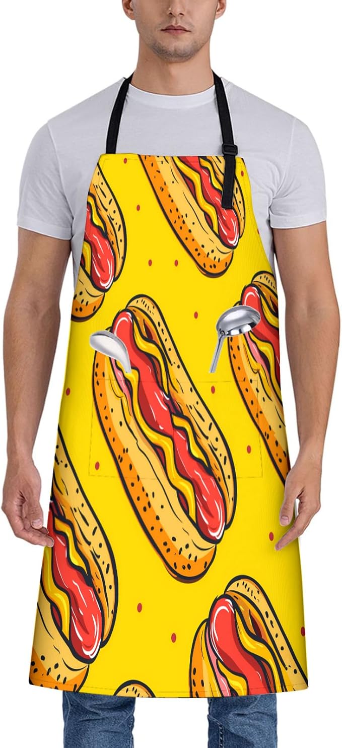 Vibrant Hot Dog Apron for Women, 28x33in, Kitchen Chef Aprons with 2 Pockets, Polyester, Fun Hot Dog Print Apron for Cooking BBQ Baking Gardening Chef, Gifts for Mom Wife Dad