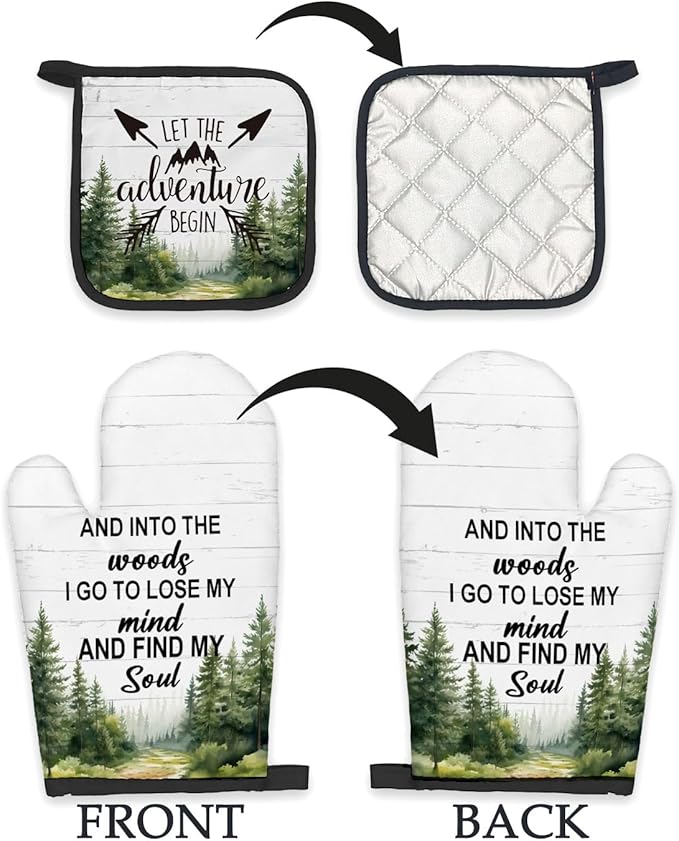 Camper Camping Gifts Oven Mitts and Pot Holders Sets, Camping Rustic Mountain Kitchen Accessories Sets, Rustic Into The Woods Heat Resistant Oven Glove Potholders for Kitchen Cooking Baking BBQ