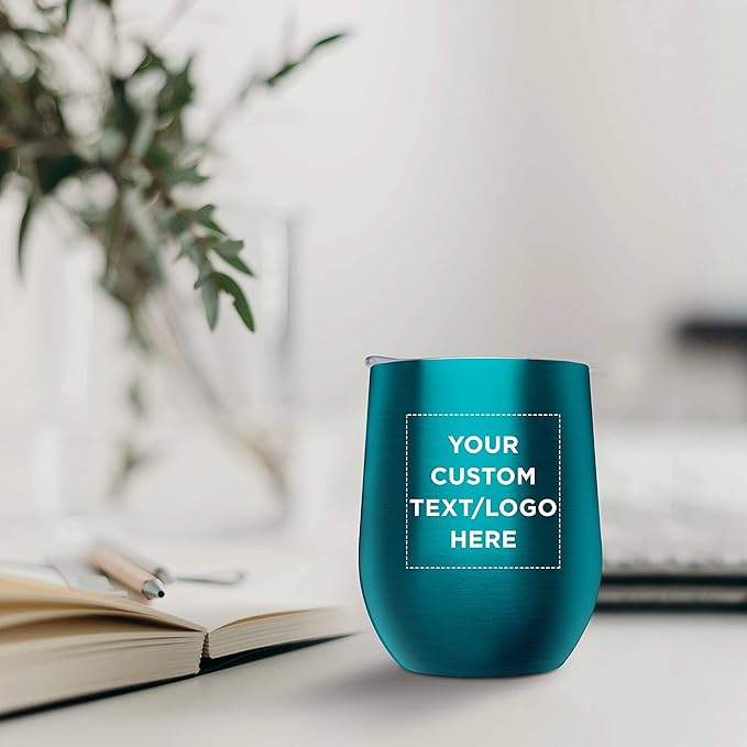 Custom Stemless Wine Glass Tumblers with Lids by Largo 11 oz. Set of 12, Personalized Bulk Pack - Perfect for Wine, Cocktails, Other Hot & Cold Beverages - Teal