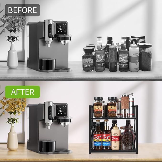 YINMIT Countertop Shelf Organizer,Coffee Bar Accessories,Spice Rack,Coffee Counter Shelf,2 Tier Coffee Organizer Station for Mugs,Cups,Cream,Syrup(Black, Medium)
