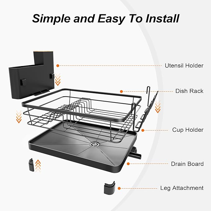 Runnatal Dish Drying Rack, Stainless Steel Dish Rack with Drainboard for Kitchen Counter and Sink, Large Capacity Dish Drainer, Detachable 2-in-1 Utensil Holder, Cup Holder, Black
