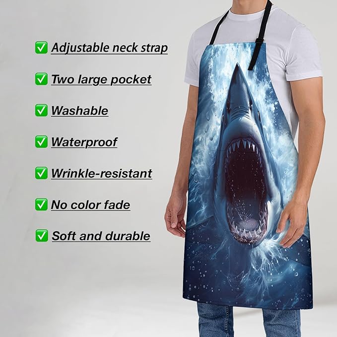 Fierce Shark Print Apron for Women, 28x33in, Kitchen Chef Aprons with 2 Pockets, Polyester, Ocean Shark Apron for Cooking BBQ Baking Gardening Chef, Gifts for Mom Wife Dad
