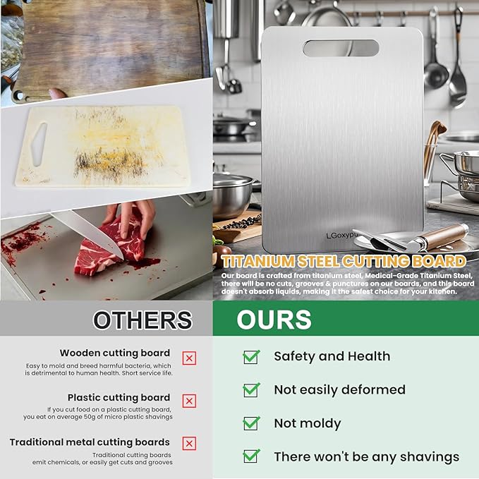 Katuchef Titanium Cutting Board 100% Pure Titanium Cutting Boards for Kitchen Non Toxic, Double-Sided Medical-Grade Hygiene Durable Non Moldy Dishwasher Safe Meat Fruit metal Board (Small)