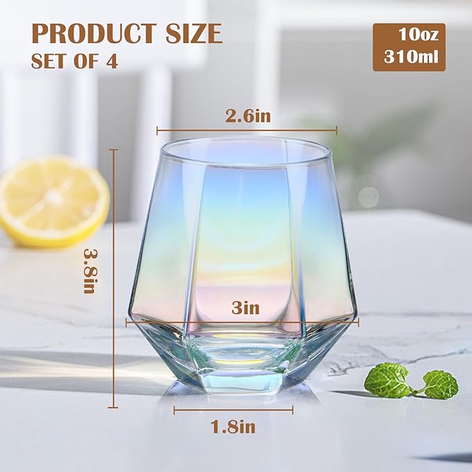 CUKBLESS Stemless Wine Glass Set Of 4(10 Oz),Iridescent Glassware,Modern Rainbow Wine Glass For Serving White Wine, Red Wine, Cocktail, Whiskey, Bourbon, Cool Water