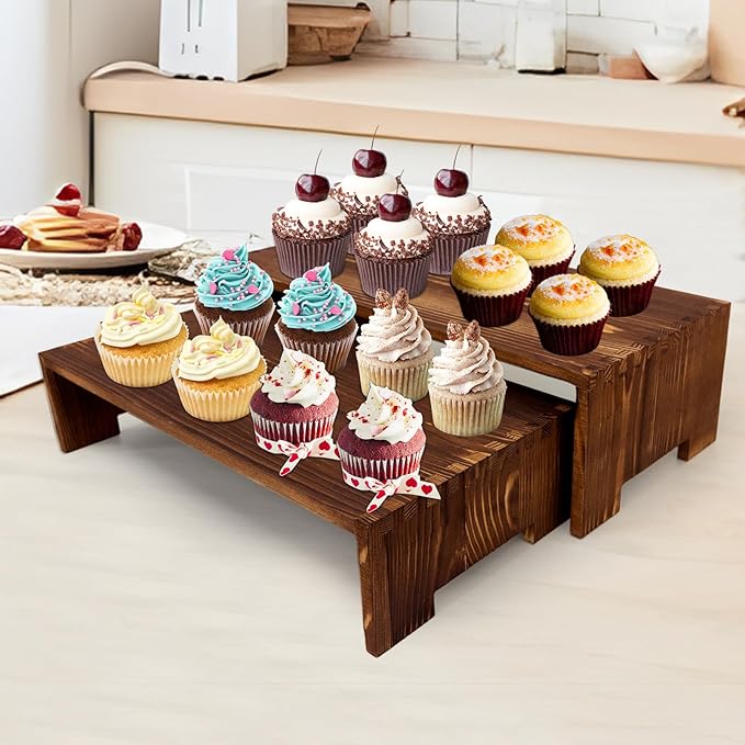 Large Display Riser Wood Risers Cupcake Stand 2 Tier Racks Decorative Rectangular, 2 Set 4 Piece Cologne Perfume Organizer Dessert Stands for Vendors Event
