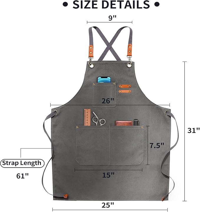 ZOMAO Chef Apron, Apron for Men Women with Adjustable Straps Cotton Canvas Cross Back Adjustable Apron with Pockets for Women and Men(Grey)