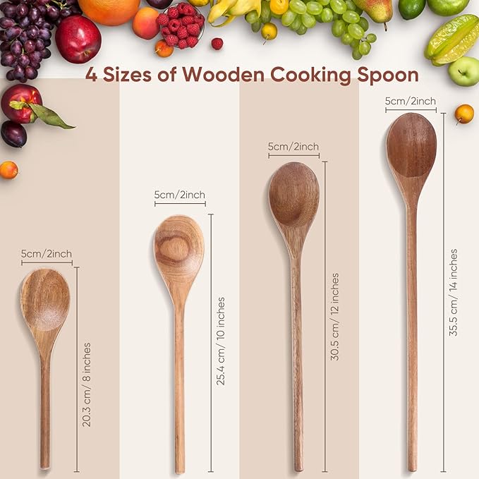 4 Pcs Acacia Wooden Spoons for Cooking Mixing Wooden Utensils Cooking Spoon 8, 10, 12, 14 Inch for Kitchen Salad Mixing Tasting Baking Stirring Serving Food No Scratch Nonstick Cookware