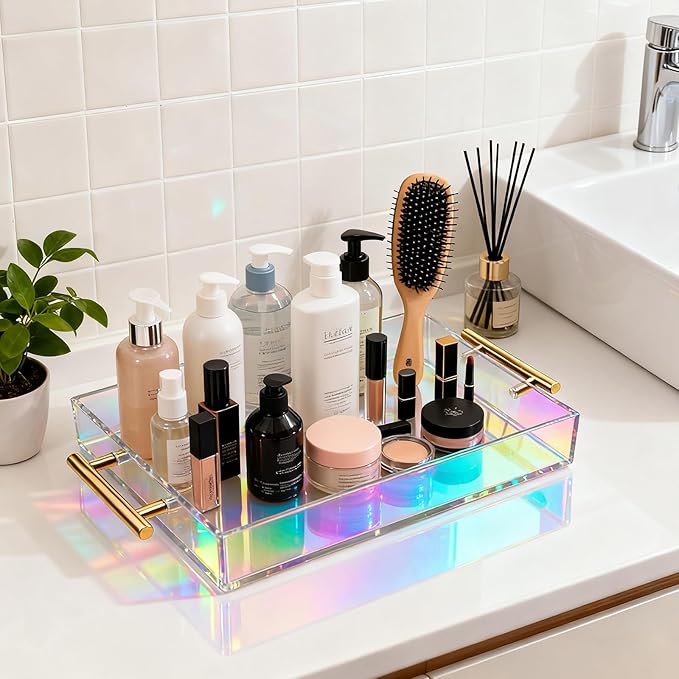Acrylic Serving Tray with Handles Large Ottoman Food Decorative Tray for Coffee Table Tea Fruit Snack Kitchen Bar Platter, 17x13’’, Iridescent Rainbow