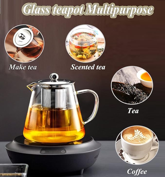 Glass Teapot with Removable Stainless Steel Infuser, Borosilicate Glass Tea Pot with Strainer,for Blooming Tea & Loose Leaf Tea, Microwave & Stovetop Safe（19oz ）