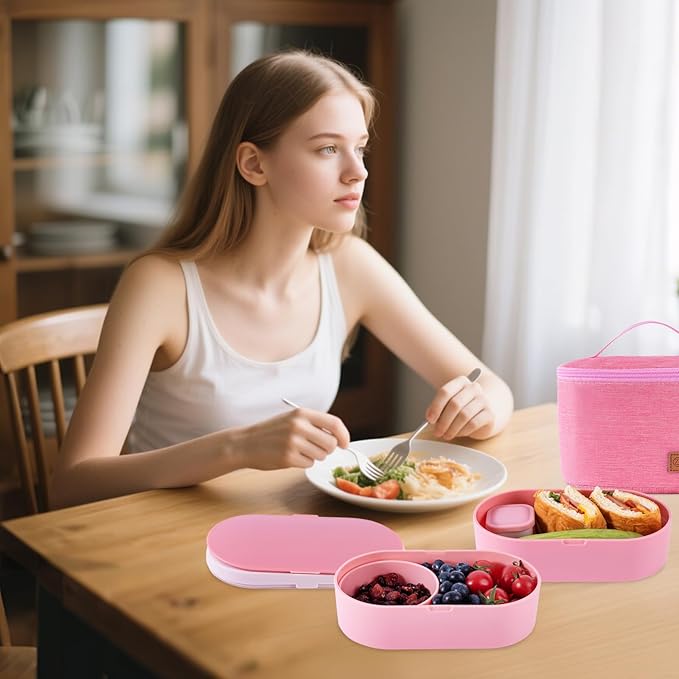 Bento Lunch Box Set -2 Stackable Adult And Women's Lunch Boxes - Including Lunch Bag, Leak Proof And Bisphenol Free A - Built-In Cutlery Set - Dishwasher Safe (Pink)