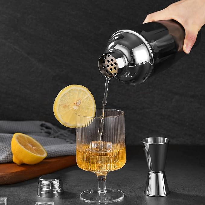 Cocktail Shaker with Double Measuring Jigger,18/8 Stainless Steel 24oz Martini Shaker Set,Drink Shaker Built-in Strainer,Bartender Kit. (Black)