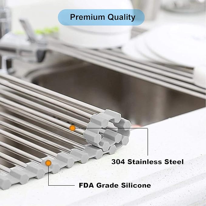 Searik Dish Drying Rack Roll Up Sink Drying Rack, Over The Sink Dish Rack Multi-Use Stainless Steel Dish Drainers Heat Resistant Mat for Drying Draining Trivet (17.7"x13.8")
