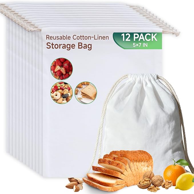Simple&Opulence 12-Pack 5” x 7” Linen Cotton Drawstring Bags Reusable Grocery Sacks, DIY Craft Sachet Sacks Storage Cloth Bags for Party Wedding Home Bulk Produce Bags, Washable, White