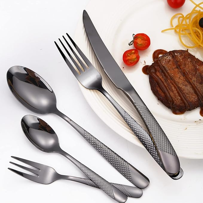 A·HOUSEWARE Black Silverware Hammered Flatware Kichen Stainless Steel Cutlery Set for 4 include Metallic Forks Knives Spoons 20 Pieces Utensils Restaurant Parties Everyday Use