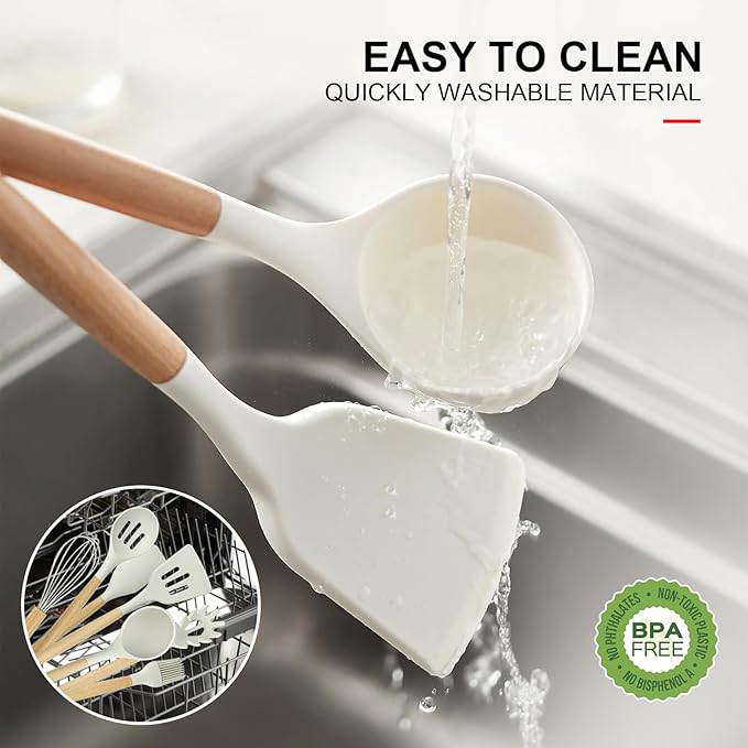 Silicone Cooking Utensils Kitchen Utensil Set - 446°F Heat Resistant Silicone Kitchen Utensils Set, Spatula,Turner Tongs, Spoon, Brush, Whisk,Kitchen Gadgets for Nonstick Cookware, BPA Free (White)