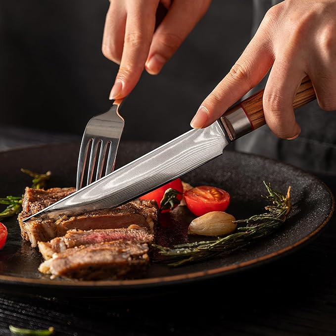 Damascus Steak Knives Set of 4 - Non serrated Steak Knives 5 inch Damascus VG10 Steel 67-Layer - Natural Olive Wood Handle- Exquisite Box