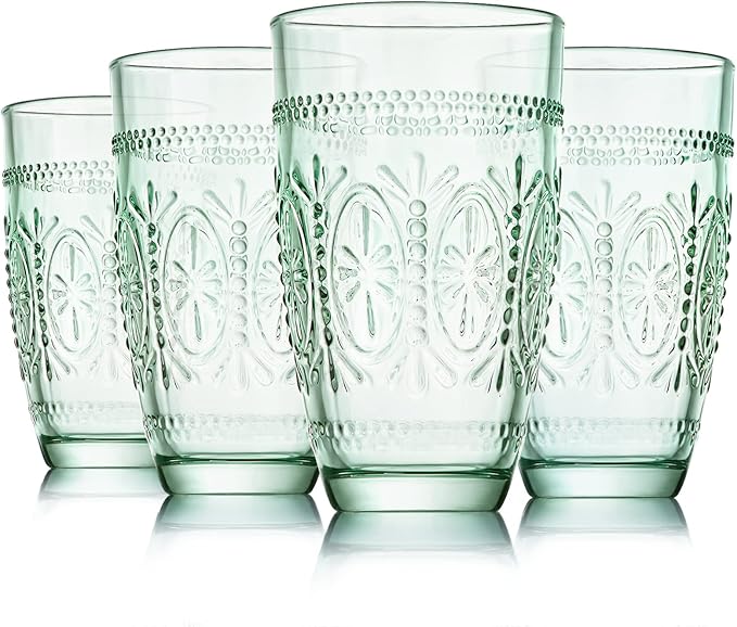 CREATIVELAND Colored Vintage Drinking Glasses Set of 4, 15.5 oz Romantic Embossed Water Glasses, Colored Tumblers Tempered Glass for Juice, Beverages, Beer, Cocktail (Green)