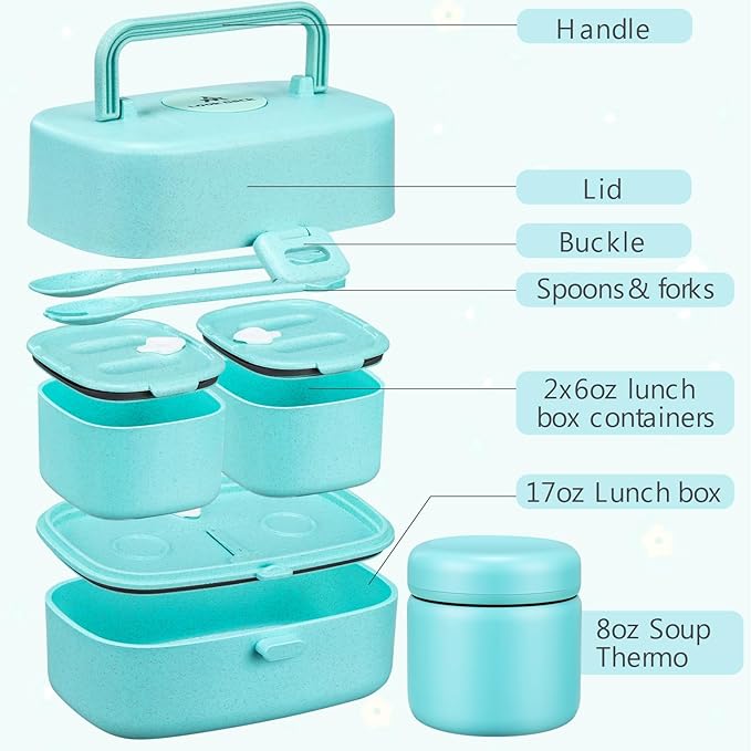 Bento Lunch Box for Kids with 8oz Soup Thermo,2 Leak-Proof Food Containers, a Lunch Bag, Kids Thermo Insulated Hot Food Jar for School, Travel-Green
