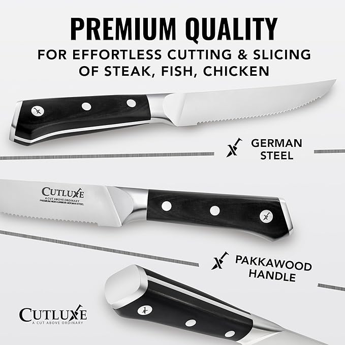Cutluxe Steak Knives Set of 8, Serrated Steak Knives – Forged High Carbon German Steel, Full Tang, Ergonomic Handle Design – Artisan Series