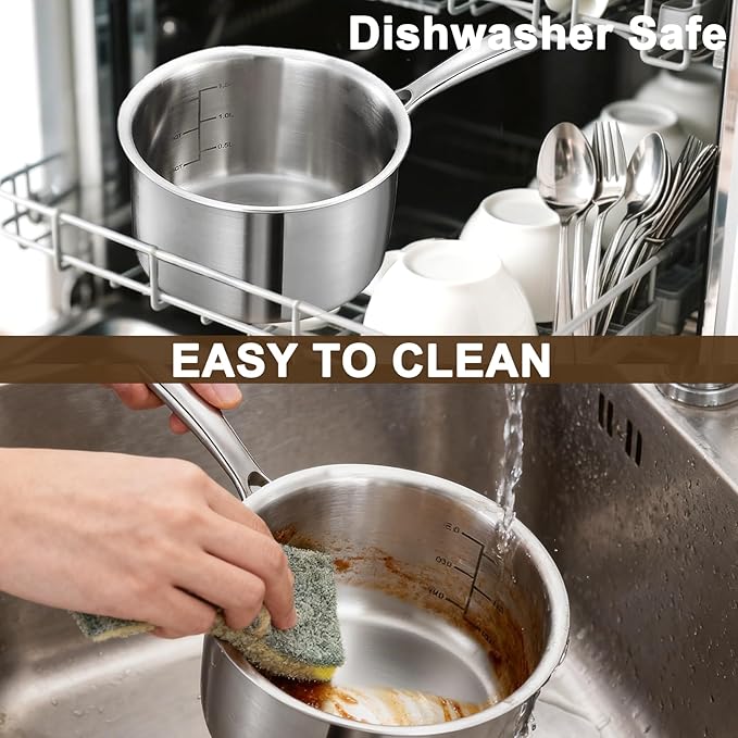 MOUTIUS 1QT+2QT+3.5QT With Steamer Handle Triple Stainless Steel Saucepan with Lid, Ramen Pot with Clear Glass Cover, Small Sauce Pan for Cooking Oatmeal, Dishwasher-Safe, Suitable for All Stoves