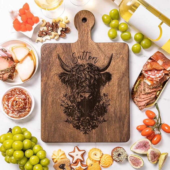 Personalized Wood Engraved Charcuterie Boards with Handle - Custom Reversible Cutting Board S M L - Customized Housewarming Gifts for Family Friend(Cow)