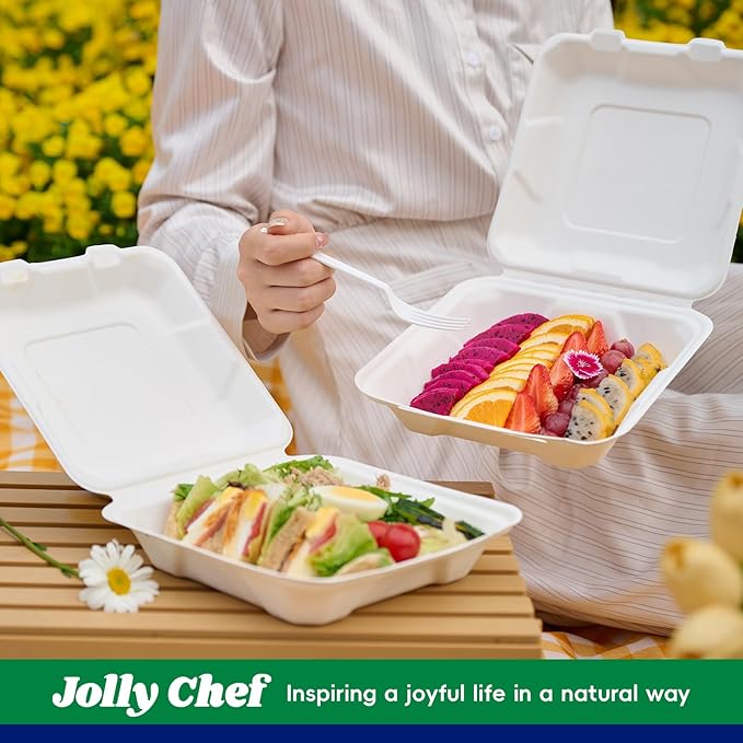 JOLLY CHEF Clamshell Take Out Food Containers, [8 * 8" 50-Pack] To Go Containers Disposable, Sugarcane To Go Box for Thanksgiving, Salad,Lunch