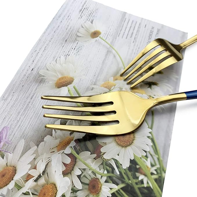JASHII Blue Gold Silverware Set, 20-Piece Stainless Steel Satin Finish Flatware, Kitchen Utensils, Mirror Polished Tableware Cutlery for Home and Restaurant, Dishwasher Safe