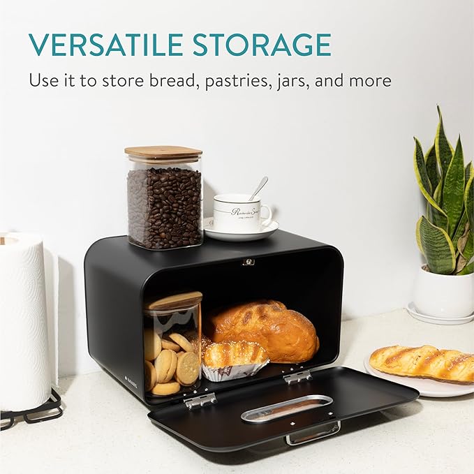 Navaris Metal Bread Box for Kitchen Countertop - Ventilated Vintage Food Storage Container, Holder for Homemade Bread, Spices, Coffee, Organizer for Cabinet with Window, Black