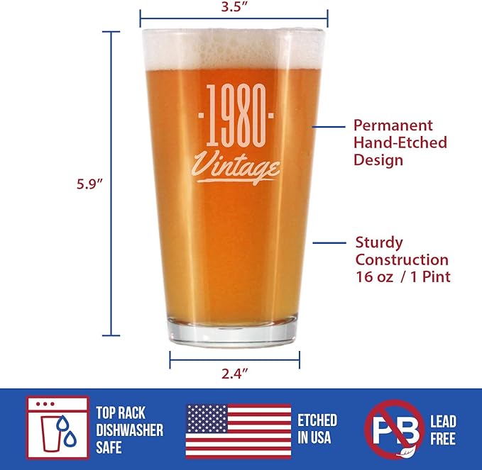 Vintage 1980 Pint Glass for Beer - 45th Birthday Gifts for Men or Women Turning 45 - Fun Bday Party Decor - 16 oz