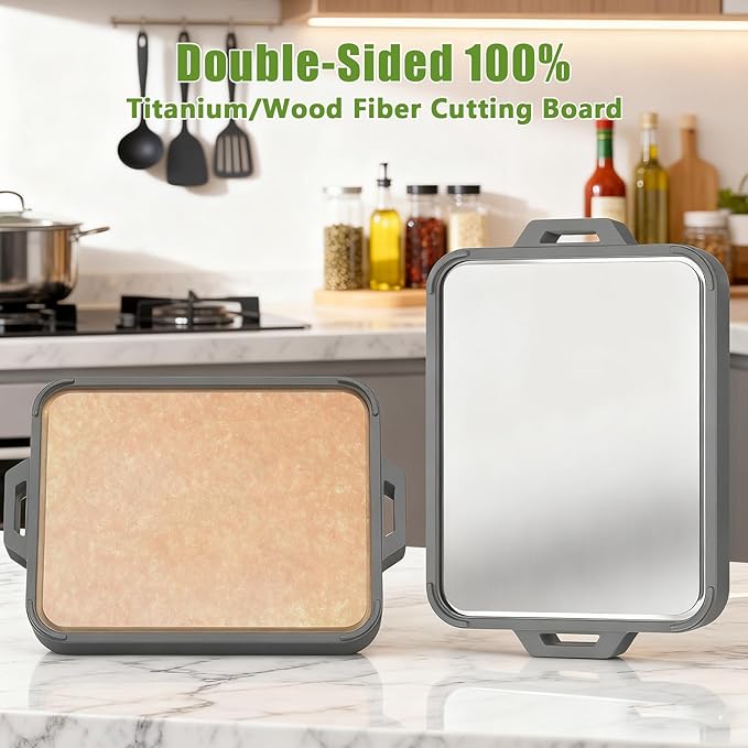 Titanium Cutting Board for Kitchen, Double Sided Pure Titanium and Wood Fiber Cutting Board with Juice Groove, Food Grade Material, Dishwasher Safe