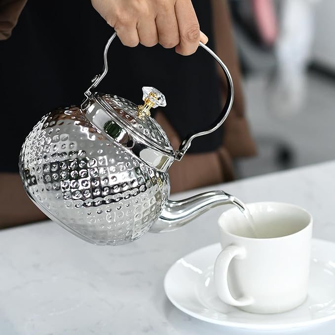 Hammered Tea Kettle, Stainless Steel Tea/Coffee Pot Loose Leaf Teapot for Tea, Milk, Coffee, 1.2L Teapot with Strainer Stovetop Tea Kettle, Outdoor Travel Supplies, Gift For Tea (Silver)