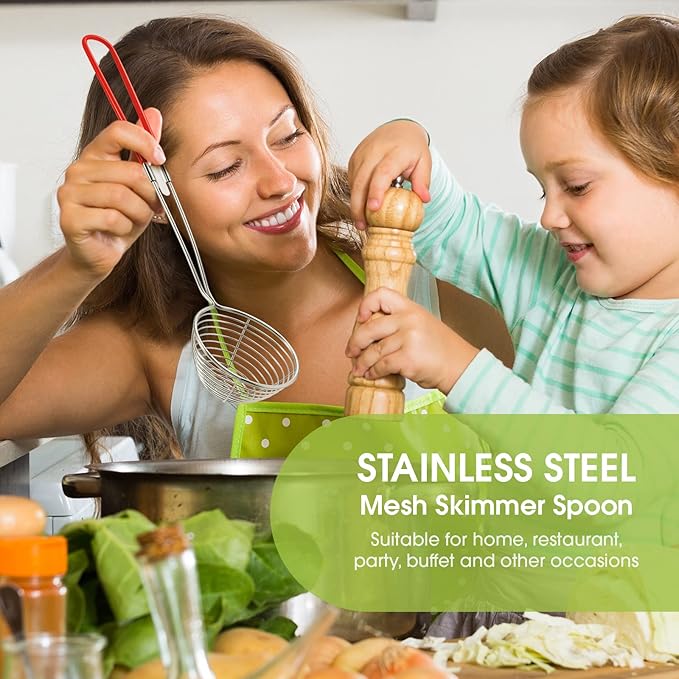 Geiserailie 10 Pieces 6 Pieces Hot Pot Kit Strainer Scoops Stainless Steel 2.5 Inch Mini Spider Strainer Skimmer Pasta Mesh Spoon Asian Skimmer Spoon Ladle with Handle for Home (Red)