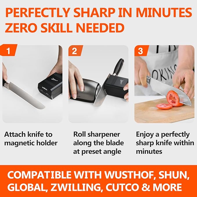 Longzon ZForge Electric Rolling Knife Sharpener Adjustable 10°–25° Angles, Easy Sharpening, Professional Kitchen Knife Sharpener Kit with Diamonds Discs for All Kitchen Knife Sets